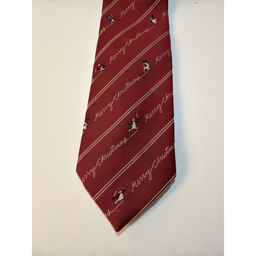 Avon Christmas Tie Red‎ Penguin Merry Christmas Script Holiday Necktie Vintage